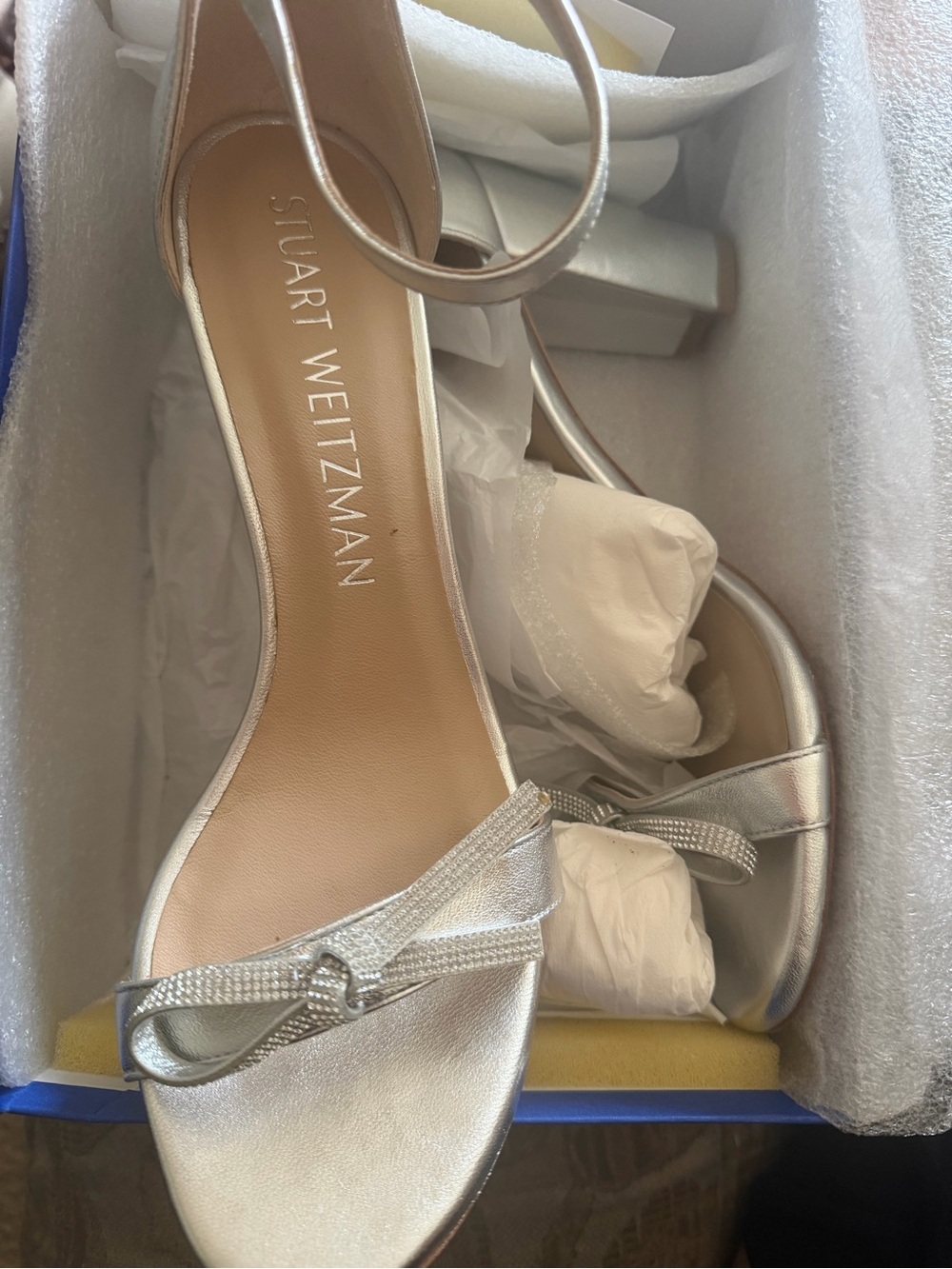 Stuart Weitzman Silver Bow Ankle-Strap Block Heels size 10 brand new with box
